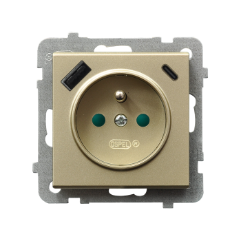 SONATA GP-1RZPUSBAC/m/39 gniazdo pojedyncze z uziemieniem i przesłonami torów prądowych oraz ładowarką USB typu A+C